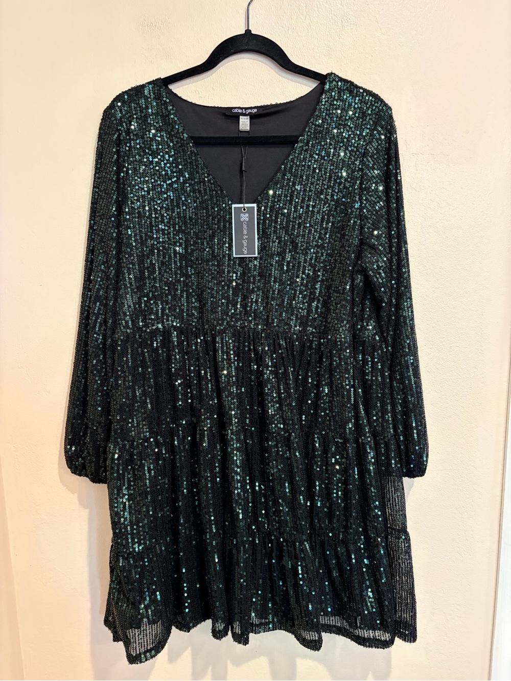 Cable & Gauge NWT Dark Green Sequin Party Dress, V-Neck w/ Long Sleeves, XL - Picture 11 of 11